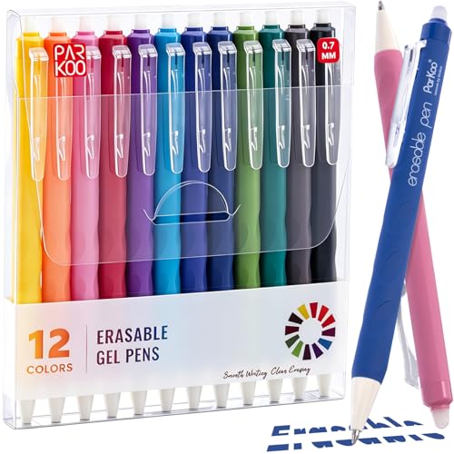 ParKoo Retractable Erasable Gel Pens Clicker, 0.7mm Fine Point Erasable Pens, Make Mistakes Disappear for Writing Journaling Drawing Planner, Pack of 12 Assorted Colors - color: 12 Colors