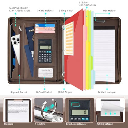 Ospelelf Zippered Portfolio Binder, Leather Clipboard Folder with Storage, 3 Ring Binder 1 Inch, 12.1” Tablet Sleeve, 5 Dividers with Pocket, Refillable Notepad, Card Slot (Brown) - color: Brown