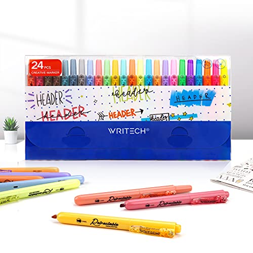 WRITECH Retractable Highlighters Assorted Colors: Chisel Tip Click Aesthetic Highlighter Marker Pens Pack Multi Colored Ink No Bleed Smear for Highlighting Journaling (24ct Mild+Vintage+Neon+Pastel) - color: Big Pack