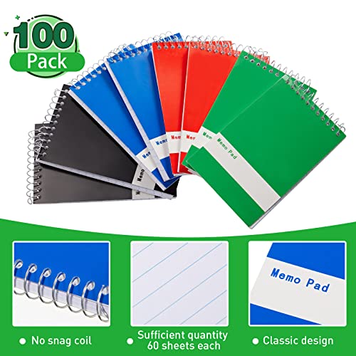 Thenshop 100 Pads Spiral Memo Pads Bulk 3 x 5 Inch Small Pocket Notepad Top Bound Lined 60 Sheets Mini Notebooks for School College Office Home Supplies (Black,Green,Dark Blue,Red) - color: Black, Green, Dark Blue, Red