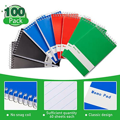 Thenshop 100 Pads Spiral Memo Pads Bulk 3 x 5 Inch Small Pocket Notepad Top Bound Lined 60 Sheets Mini Notebooks for School College Office Home Supplies (Black,Green,Dark Blue,Red) - color: Black, Green, Dark Blue, Red
