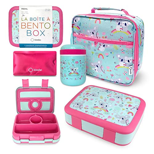 Bento Lunch Box for Kids with Thermo Food Jar for Hot Food Soup, Insulated Lunch Bag and Ice Cold Pack Set, Stainless Steel Lunch Thermal, Container Boxes with 4 Compartments, Koala - color: Koala