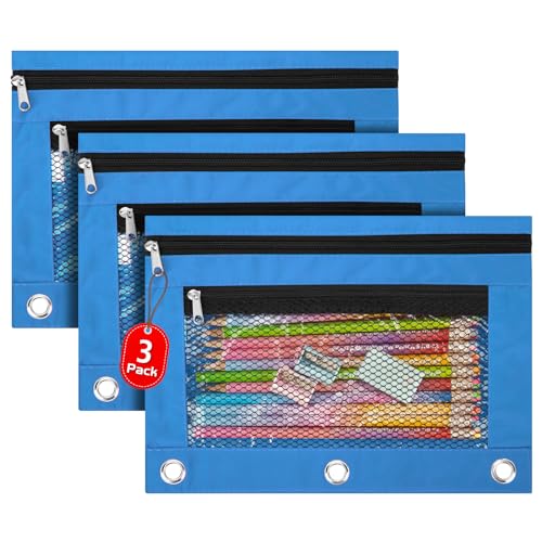 IKAYAS 3 Pack Pencil Pouch for 3 Ring Binder, Zipper Bags for Classroom, Box Case for Storing School Students Teacher Supplies, Sky Blue - color: Sky Blue