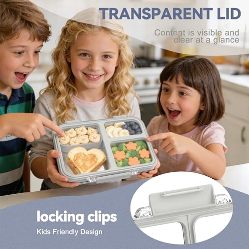 Stainless Steel Bento Box for Kids, 3-Compartment Metal Lunch Box with Clear Lid & Removable Silicone, Lunch Box Kids with Silicone Inner Container for Meal Prep, School, Office (Grey) - color: Grey