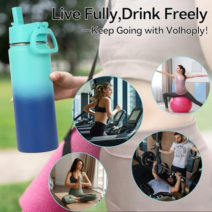 Volhoply 20oz Insulated Stainless Steel Water Bottle with Straw Lid,Kids Wide Mouth Double Wall Vacuum Cups with Handle,Reusable Outdoor Sports Metal Bottles,Travel Flask Keep Cold(Green Blue,1) - color: Green Blue