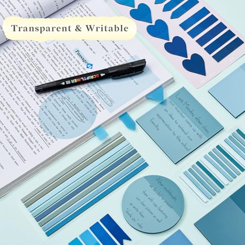 Temiary 1160 Sheets Transparent Sticky Notes Set with Pen for Bible Study | Sticky Note with Index Tabs Set for Annotating Journaling, Bible Study Book Annotation - color: Blue