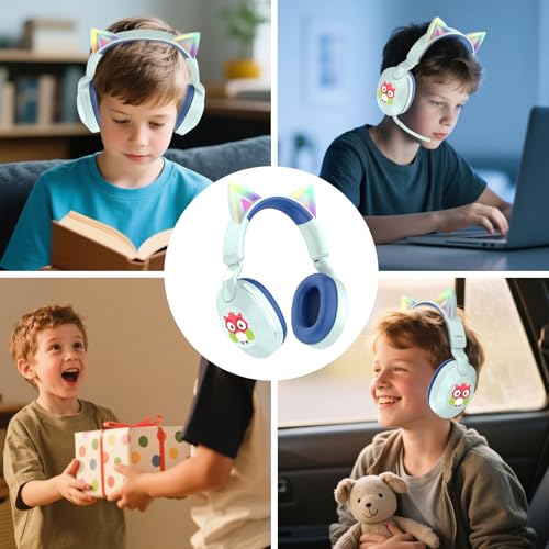 LOBKIN Kids Headphones with Microphone Bluetooth 6.0, Toddler Headphones LED Ligh Rotatable Foldable Sensitive Mic Adjustable 85/94dB Volume Limit Real-time Audio Feedback for Boys Girls Online School