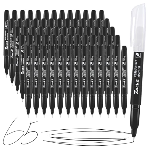 ZackZ Ultra Fine Point Permanent Black Marker, 0.4 mm Tip, 65 pack, Waterproof & Fade-Proof Ink, Quick Drying, Writing on Paper, Plastic, Metal, Glass - size: 1 Count (Pack of 65)