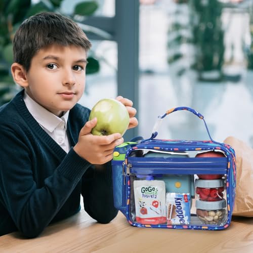 Bagseri Clear Kids Lunch Bag - School Snack Bag with Bottle Holder | Side Pocket, Buckle Handle, Wide Opening, PEVA Lining, School Boys Lunch Box, Clear Toy Bags, Blue Dinosaur - color: A-blue dinosaur