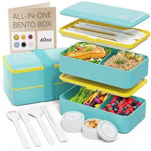 Umami Bento Box Adult, Leakproof, All-in-1 Lunch Containers for Adults | 40 oz, microwave & dishwasher safe, 4 utensils & sauce jar included, stackable, BPA-free, Fresh Turquoise - color: Fresh Turquoise, size: M - 40 oz