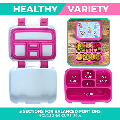 kinsho Bento Lunch Box for Kids Toddlers Girls, 5 Portion Sections Secure Lid, Microwave Safe BPA Free Removable Tray, Pre-School Kid Daycare Lunches Snack Container Ages 3 to 5, Pink Fairy Princess - color: Pink Lt Blue Fairy