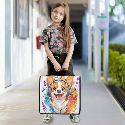 Cute Cartoon Corgi Music 3 Ring Zipper Binder with Shoulder Strap for School Office Organizer Storage