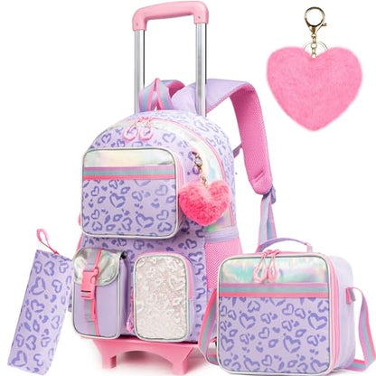 Meetbelify Girls Rolling Backpack with Wheels - Cute Kawaii Carry On Backpack for Elementary Students - Purple with Lunch Box - color: Love Purple
