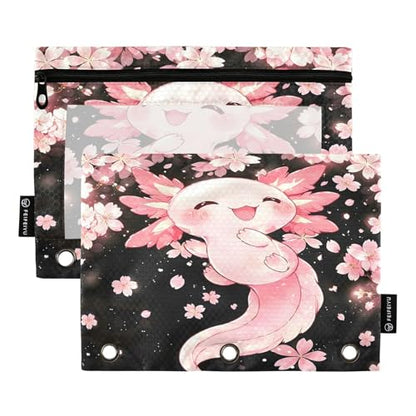 2 Pack Pencil Pouch for 3 Ring Binder Axolotl Cherry Blossom Pencil Case Pouch with Clear Window Zipper Binder Pencil Pouches Pen Bag for Office School Supplies - color: Axolotl Cherry Blossom