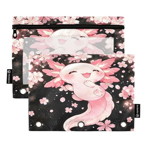 2 Pack Pencil Pouch for 3 Ring Binder Axolotl Cherry Blossom Pencil Case Pouch with Clear Window Zipper Binder Pencil Pouches Pen Bag for Office School Supplies - color: Axolotl Cherry Blossom