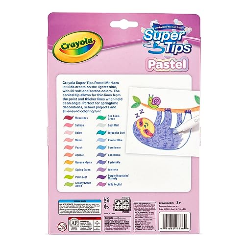 CRAYOLA Pastel- Super Tips Washable Medium Tip Markers - Pack of 20, for School and Leisure, Assorted Colours Pastel