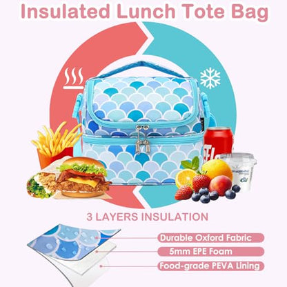 FlowFly Double Decker Cooler Insulated Lunch Bag Large Tote for Boys, Girls, Men, Women, With Adjustable Strap (Mermaid) - color: Mermaid