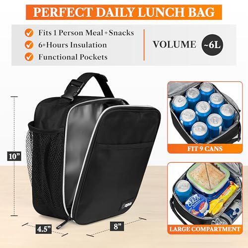 opux Insulated Lunch Bag for Kids Boys Girls, Small Compact Lunch Box with Wide Opening & Mesh Pockets, Reusable Lunch Pail for School, Work, Adults, Men, Women, Teal - color: Black