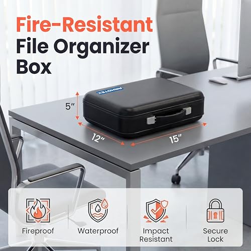Fireproof Waterproof Document Box with Combination Lock – Hard Shell Fire Safe File Organizer for Important Documents, Certificates, Passports, Laptops & Valuables (Black, 5200°F Rated)