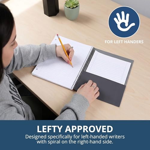 ROARING SPRING Lefty Spiral Notebook, College Ruled One Subject Left Handed Notebook with Cover Pocket, 11" x 9", 100 Sheets, Assorted Color Covers