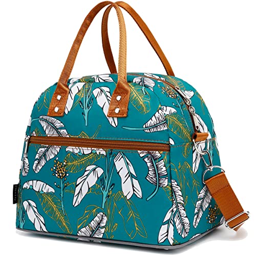 FlowFly Insulated Lunch Bag With Shoulder Strap for Women, Men, and Kids, Large and Reusable, Handle, Freezable Work and School Travel Tote and Meal Prep Organizer, leaves - color: Feather