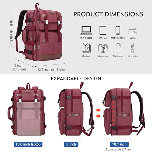 WITZMAN Canvas Travel Backpack for Men Large Laptop Backpack Fits 16 Inch | Expandable 32L to 42L, Carry-on Airline Approved Convertible Shoulder Rucksack, For Vacation, Overnight Trip, A6617 Red - color: Red