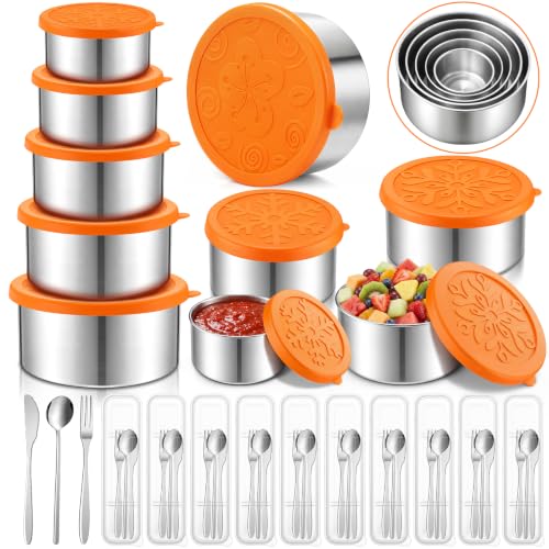 10 Pack Stainless Steel Containers with Lids, 5 Sizes Leakproof Stainless Steel Food Storage Containers, Nesting Snack Holders and Flatware Set with Fork, Knife, Spoon, Chopsticks in Clear Case