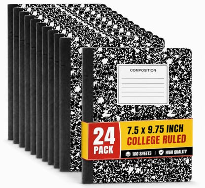 1InTheOffice Composition Notebook College Ruled, Notebooks for School, Black, 9.75" x 7.5", 24 Pack