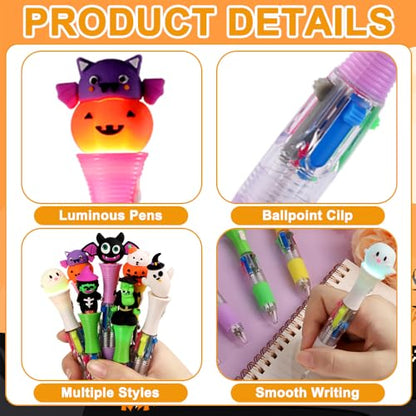 Vellibring 12PCS Halloween Pens,Multicolor Ballpoint Pens with Lights 4 Colors in 1 Halloween Retractable 0.7mm Multicolor Glow Writing Stationery for Holiday Party School Supplies Students Rewards - style: Halloween（lights）-12pcs