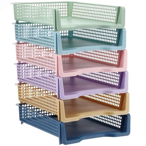 Weysat 6 Pcs Turn in Trays Classroom, Stackable Paper Tray for Classroom Organization Plastic Desk File Organizer Bin Basket for Library Drawer Teacher Office Document Storage (Morandi Pastel,Narrow) - color: Morandi Pastel, size: Narrow