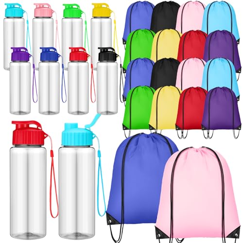 40 Pcs 17 oz Plastic Water Bottles Bulk and Drawstring Backpack Set for Back to School Gifts Reusable Flip Top Leakproof Water Bottles with Handle Adults Sports Gym Travel Outdoor(Chic) - color: Chic