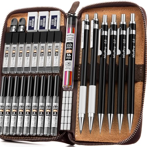Nicpro 33PCS Black Metal Mechanical Pencil Set in Leather Case, Art Drafting Pencil 0.3, 0.5, 0.7, 0.9 mm, 2mm Lead Holders for Sketching Drawing With 18 Tube (6B 4B 2B HB 2H 4H Colors) Lead Refills - color: Black, size: 33 PCS