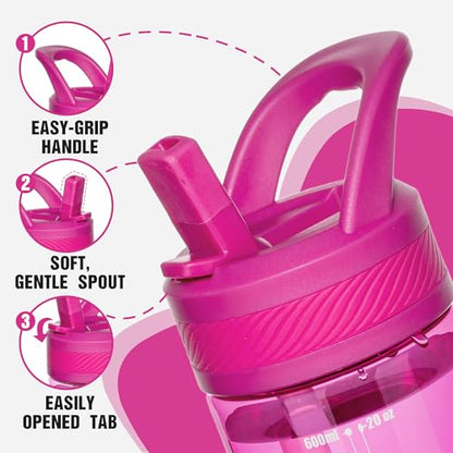OLDLEY 20oz Kids Water Bottle with Straw, BPA-Free Tritan Water Bottle for School, Leakproof Clear Water Bottle with One Click Open, Measurement Scale, Cup Holder Friendly for Boys Girls,Fuchsia - color: Fuchsia