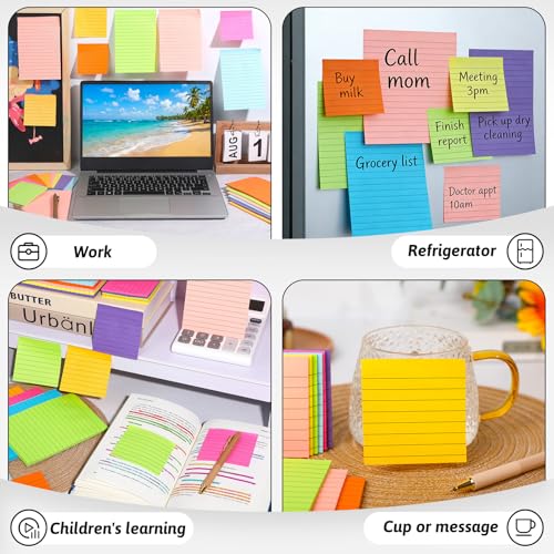 18 Pack Lined Sticky Notes 4x6 in Self-Stick Note Pads with Lines 9 Bright Colors Super Sticking Power Memo Pads Big Rectangular Notes Pad Its for Office, School, Meeting - size: 18pcs 4x6"