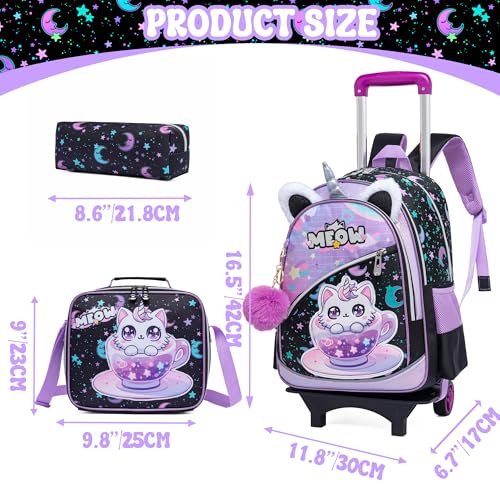 Meetbelify Girls Cute Backpack with Wheels for Elementary Students Kids Black Travel Luggage - color: Black Cat