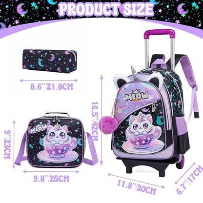 Meetbelify Girls Cute Backpack with Wheels for Elementary Students Kids Black Travel Luggage - color: Black Cat