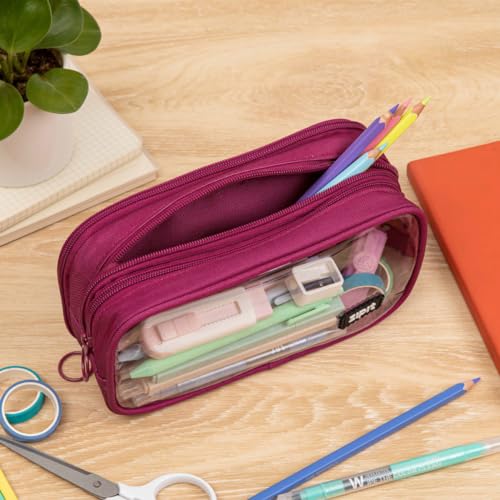 ZIPIT Half & Half Pencil Case for Girls, 3 Compartment Zipper Pouch for School, Stationery Bag for Teen and Adults, Pink - color: Pink