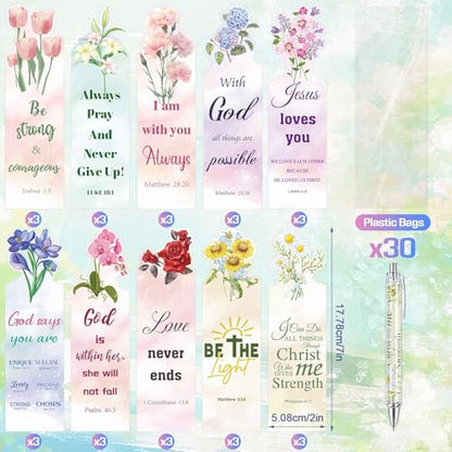 30 Sets Christian Bible Verse Pens Gifts Bulk with Bookmarks Inspirational Scripture Pens Religious Ballpoint Pen with Black Ink Floral Design for Prayers Women Church Gifts (Floral) - style: Floral