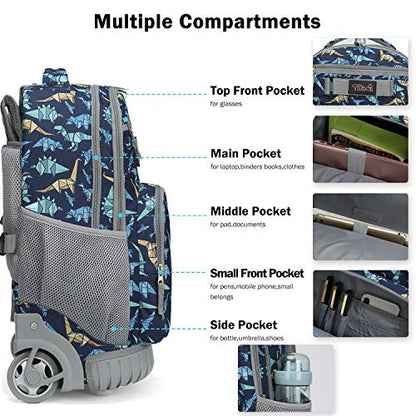Tilami Rolling Backpack 19 inch with Lunch Bag Wheeled Laptop Backpack, Dinosaur - color: Dinosaur