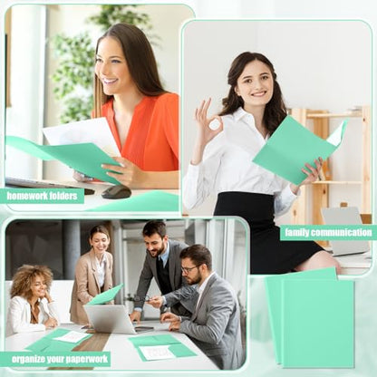 Gueevin 100 Pack Plastic Folder with Pockets, 2 Pocket Folders, Plastic Glossy Folders Fit Letter Size Paper, Heavy Duty Durable File Folder with Business Card for Home Office School (Light Green) - color: Light Green