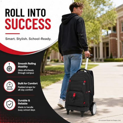 CCJPX 3Pcs Men & Boys Rolling Backpack with Bigger Wheels, Extra-Large Wheeled Bookbag with Lunch Box, Water Resistant Extra-Large Roller Luggage for Travel, Work, College (Black) - color: Black(upgrade Large Wheel)