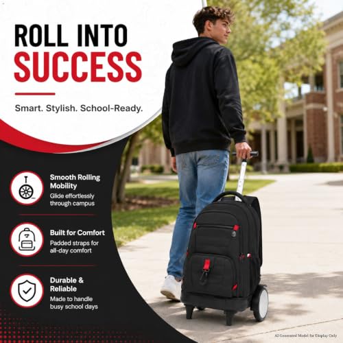 CCJPX 3Pcs Men & Boys Rolling Backpack with Bigger Wheels, Extra-Large Wheeled Bookbag with Lunch Box, Water Resistant Extra-Large Roller Luggage for Travel, Work, College (Black) - color: Black(upgrade Large Wheel)