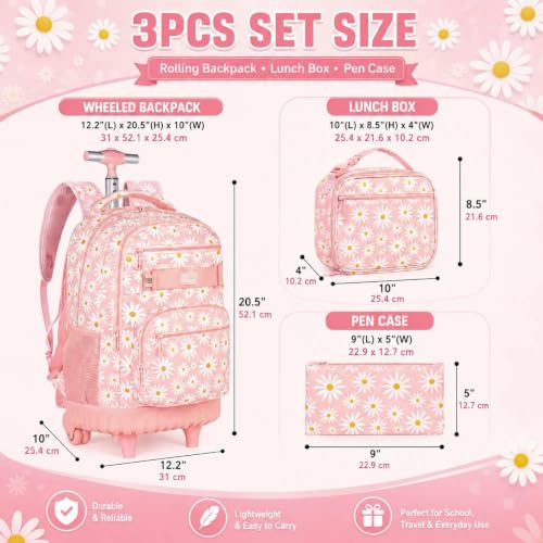 gxtvo Girls Rolling Backpack, Women Roller Bookbag with Lunch Box for Adults, Water Resistant Wheeled School Bag for College Teens Kids Travel - Pink Flower