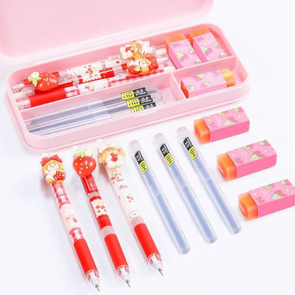 Cute Strawberry Mechanical Pencil Set Include 3Pcs Kawaii Mechanical Pencils,3 Tubes Mechanical Pencil Lead Refills,3Pcs Strawberry Erasers,Strawberry School Supplies for Office School Supplies