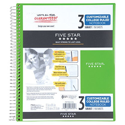 Five Star Spiral Notebook, 3 Subject, College Ruled Paper, 150 Sheets, 11" x 8-1/2", Customizable Cover, Lime (38003) - color: 12 Lime