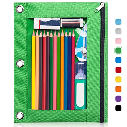 Forvencer 3 Ring Binder Pencil Pouch with Smooth Zipper, Clear Window Pencil Case, Big Capacity Pencil Bag with 3 Reinforced Grommets, Green - color: Green, size: 1 Pack