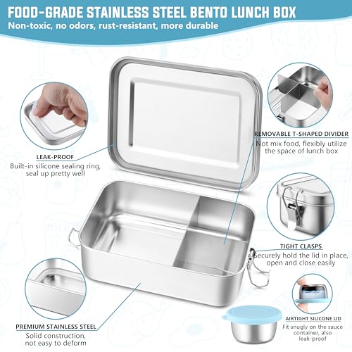 HaWare Large Stainless Steel Bento, Lunch Box, 47oz (1400ml) with Divider | 3 Compartment, Blue Condiment Container &Carrying Bag Included, Leak-Proof, Dishwasher Safe - color: Sky Blue, size: 47oz-(1400ml)