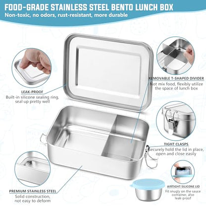 HaWare Large Stainless Steel Bento, Lunch Box, 47oz (1400ml) with Divider | 3 Compartment, Blue Condiment Container &Carrying Bag Included, Leak-Proof, Dishwasher Safe - color: Sky Blue, size: 47oz-(1400ml)