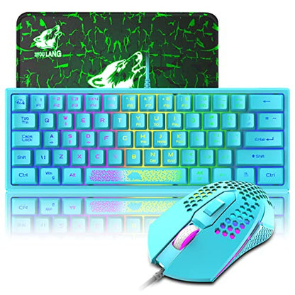 Gaming Keyboard and Mouse Combo Mini Portable with Chroma RGB Backlit Ergonomic 62Key Layout 19Key Anti-ghosting Mechanical Feel 3200DPI Honeycomb Mice USB Wired for PC Mac Gamer Laptop Typists(Blue)