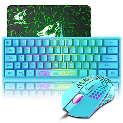 Gaming Keyboard and Mouse Combo Mini Portable with Chroma RGB Backlit Ergonomic 62Key Layout 19Key Anti-ghosting Mechanical Feel 3200DPI Honeycomb Mice USB Wired for PC Mac Gamer Laptop Typists(Blue)